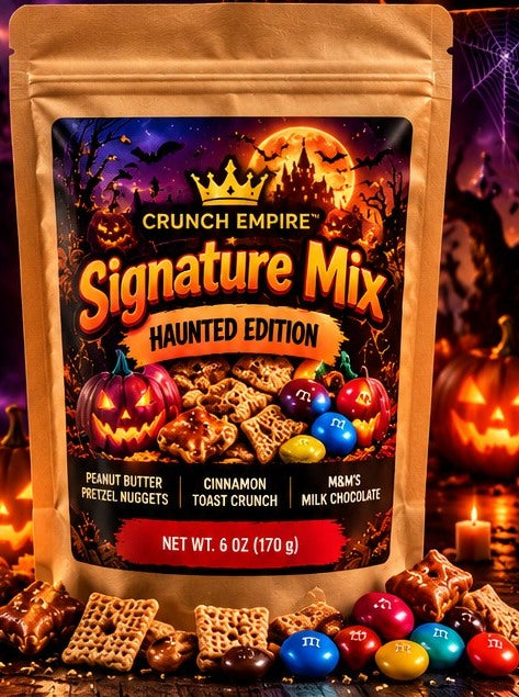 Actual natural kraft zipper pouch with illustrative Halloween front sticker; net weight not yet confirmed